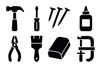 Construction silhouette icons set – tools, building and repair symbols