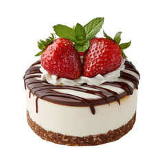 A small vanilla cake is topped with strawberries, mint and chocolate drizzle.