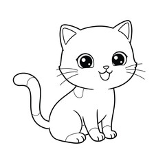Cute Cartoon Cat Illustration – Black and White Line Art
