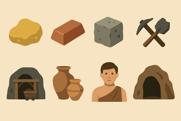 Stone age icons set – flat, prehistoric, caveman elements for history projects