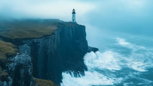 Dramatic lighthouse on a rugged cliff overlooking stormy seas