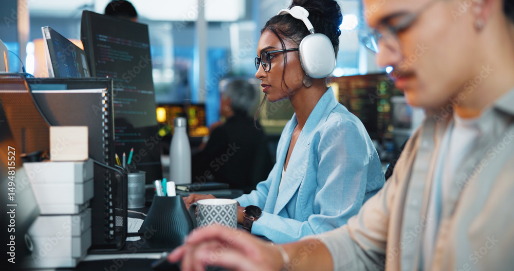 Aufkleber Office, businesswoman and headphones with computer for coding, web development and listening to music. Coworking, night and female programmer with digital for programming, software update or podcast