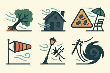 Natural disaster outline icons set – emergency, warning, disaster preparation symbols