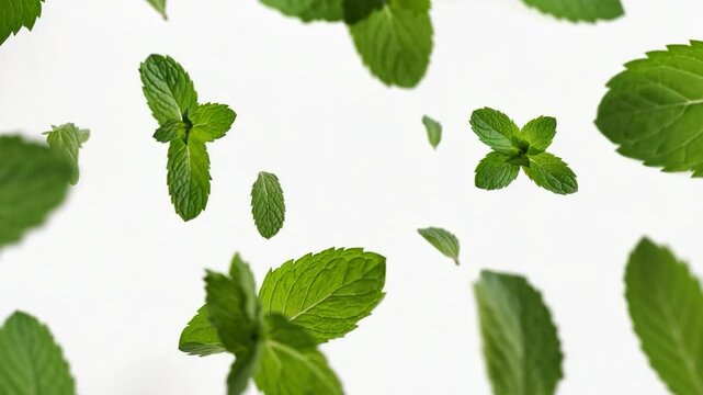 Fresh mint leaves falling