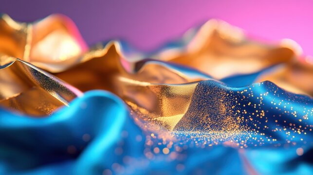 Radiant golden foil surface with scattered glowing fractal particles in blue and pink tones