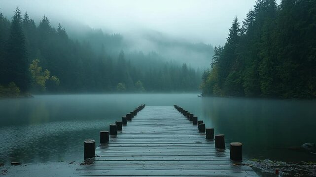 Misty mountain lake with wooden pier  Tranquil rain-drenched scenery