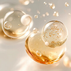 Gold transparent glass water bubbles, gel, sphere, skincare essence ball, liquid oil foam, cells, science, moisture, face lifting, anti-aging, luxury, energy, drop of oil, beauty, cosmetic, 3d render
