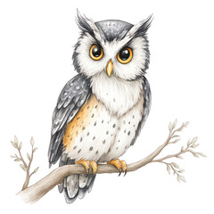 Fototapeta premium A cute owl with yellow eyes perches on a branch in watercolor painting.