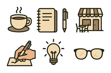 Cafe and writing outline icons set – coffee, stationery, creative symbols