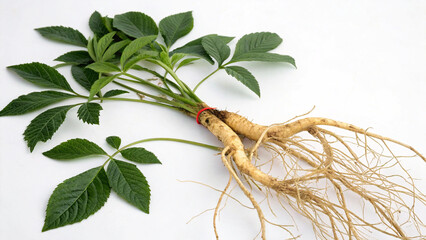 Herbal medicine plant Panax species or Ginseng isolated on white background