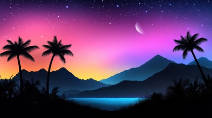 Fototapeta premium Silhouette of palm trees on beach at night, neon pink and purple sunset sky with stars