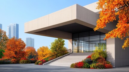 Sketch of modern structure with vibrant foliage and artistic urban background