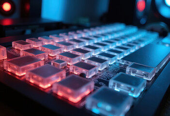 Obraz premium Close-up of a colorful electronic music production device with illuminated buttons