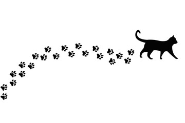 Silhouette of cat and paw prints on transparent background	