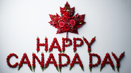 Happy Canada Day Text Made of Red Flowers with Floral Maple Leaf on White Background