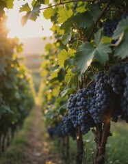 Fototapeta premium Lush vineyard with ripe grapes illuminated by the golden sunset