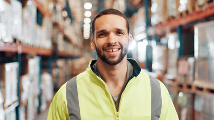 Fototapeta premium Man, portrait and smile in warehouse for logistics, export business and supply chain. Factory supervisor, safety and confident in storage facility with happiness for new distribution opportunity