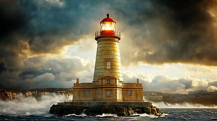 Obraz premium Dramatic lighthouse bravely standing against a stormy sea and dramatic sky. Perfect for concepts of hope, resilience, guidance, or nautical themes. Ideal for websites, books, and editorial use.