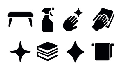 Cleaning solid icons set – housekeeping, hygiene, maintenance symbols