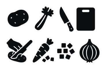 Vegetable and kitchen silhouette icons set – solid, cooking, food prep symbols