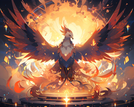 A glowing phoenix rising from swirling magical flames