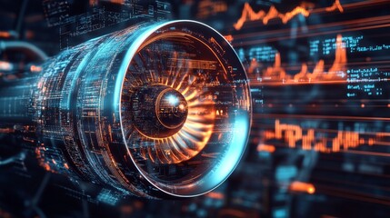 3D rendering of an airplane engine with a digital background, in a holographic style. 
