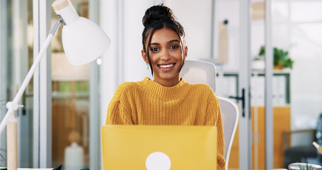 Office, businesswoman and portrait with laptop for creative agency, article information and about...