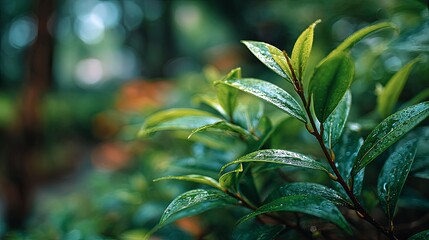 Fototapeta premium Serene abstract green foliage with dreamy bokeh and soft sunlight filtering through leaves in shallow depth of field, evoking calm, freshness, and peaceful natural atmosphere 