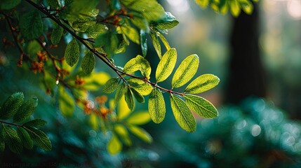 Obraz premium Serene abstract green foliage with dreamy bokeh and soft sunlight filtering through leaves in shallow depth of field, evoking calm, freshness, and peaceful natural atmosphere 