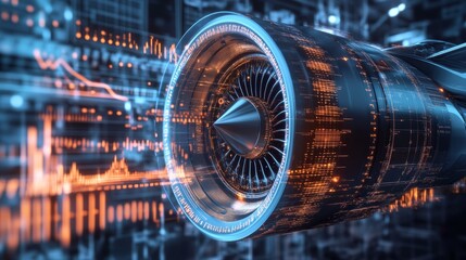 3D rendering of an airplane engine with a digital background, in a holographic style. 