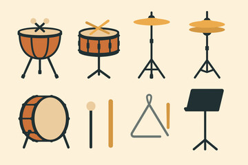 Musical instruments outline icons set – flat, filled, percussion and band symbols
