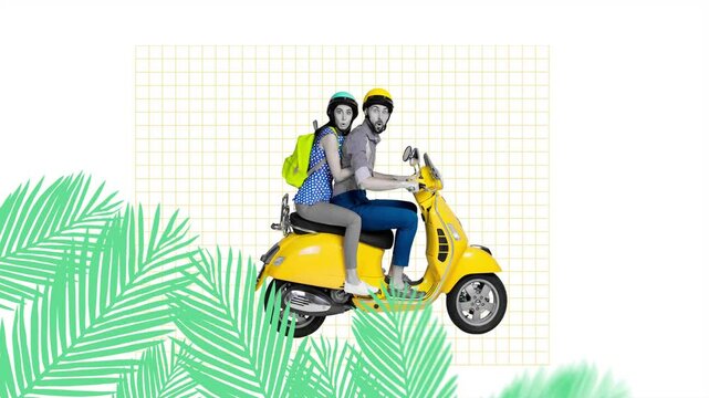 Motion trend art collage video of two happy girl guy ride scooter moped palm sun