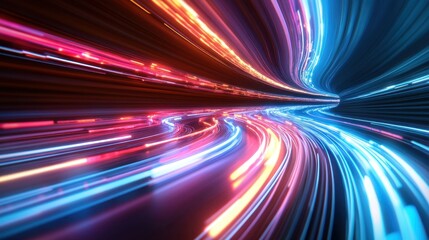 Fototapeta premium Two opposing glowing lines in red and blue speeding through 3D tech tunnel