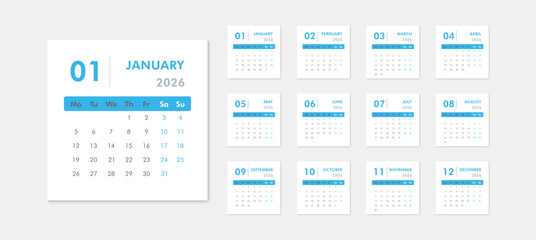 Monthly blue calendar template for 2026 year. Week starts on Monday. Desk or wall calendar in minimal style