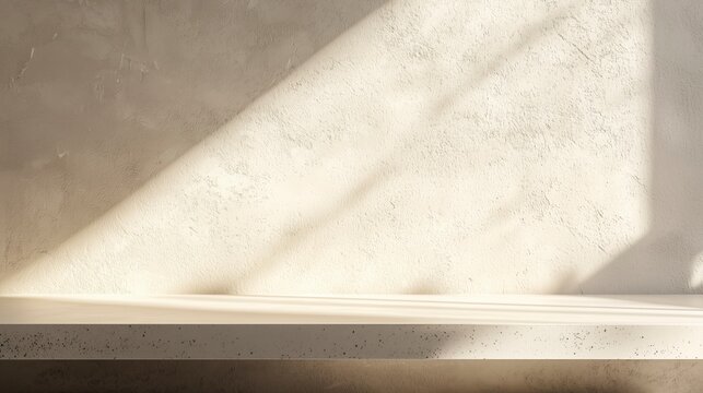 Concrete shelf with light and shadows on textured wall in warm natural sunlight