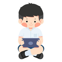 Illustration of a Boy Student Using a Tablet