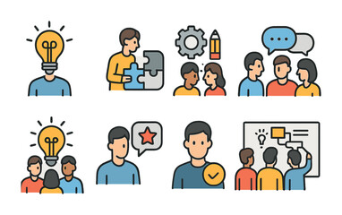Teamwork and collaboration outline icons set – linear, line, group project graphics