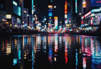 Obraz premium Nighttime cityscape reflecting colorful lights on water surface