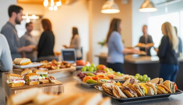 Business team enjoying buffet lunch in modern office