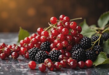 Fresh red currants and blackberries arranged beautifully on a dark surface