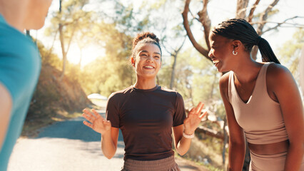 Running, laughing and team with friends in nature for fitness, workout partners and health....