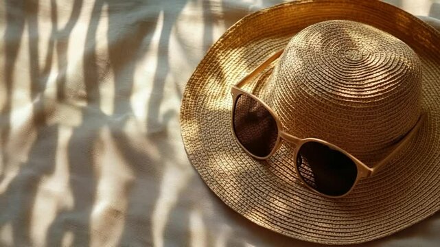 Straw hat and sunglasses on a light beige surface sun-drenched