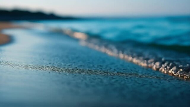 Calm ocean wave gently washing onto sandy beach, tranquil seascape with soft focus and blue water clear sky, peaceful summer morning atmosphere, calm sea wave gently washing onto sandy beach