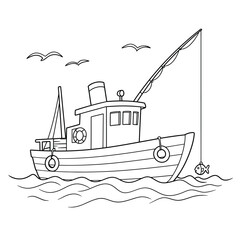 Fishing Boat with Seagulls on Ocean Waves