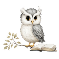 Obraz premium Cute fluffy owl perches on a branch reading an open story book alone now.