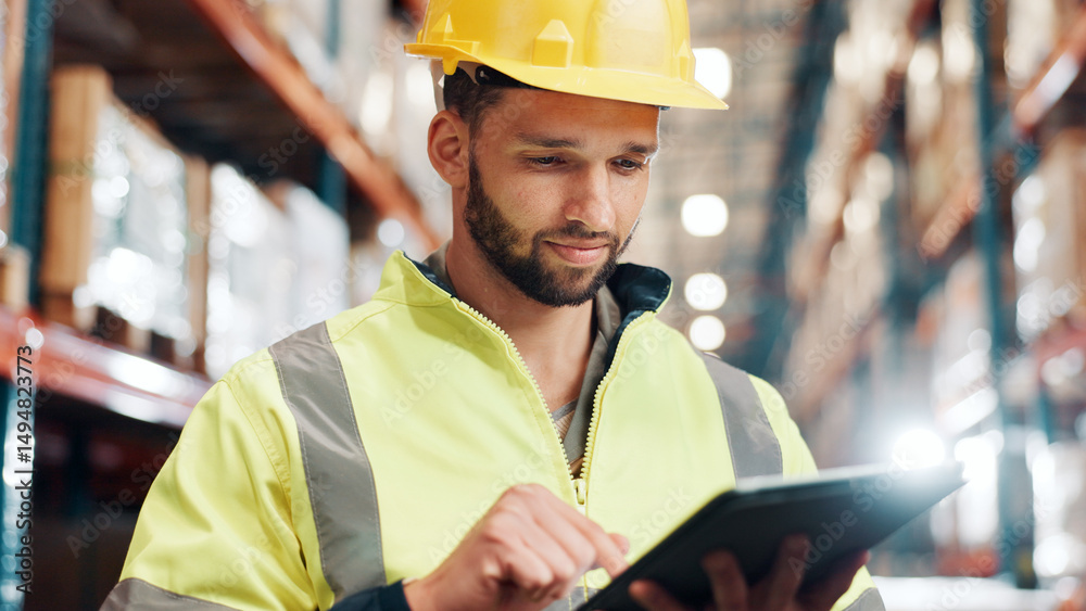 Poster Man, tablet and scroll for distribution with inspection, shipping information or schedule with quality control. Logistics, digital report or delivery logs, tech and inventory management at warehouse