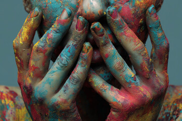 Manos cubiertas con pintura artística multicolor creando un patrón abstracto y llamativo, ideal para creatividad, arte y diseño gráfico vibrante.