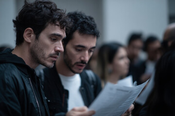 Dos hombres concentrados revisando documentos en un entorno profesional, ambiente de oficina moderno ideal para negocios, trabajo en equipo y análisis.