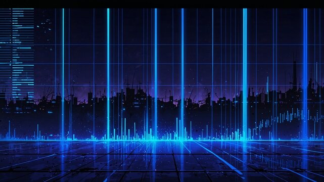 Futuristic background with neon lines and digital glitch effects, dark violet and electric blue color palette, perfect for UI, gaming interfaces or music related busunesses or apps.