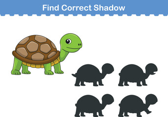 Funny cartoon tortoise. find the correct shadow. Kids Education games. Cartoon vector illustration